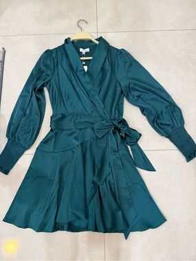 Fate Teal Satin-Look Wrap Dress with Smocked Cuffs
